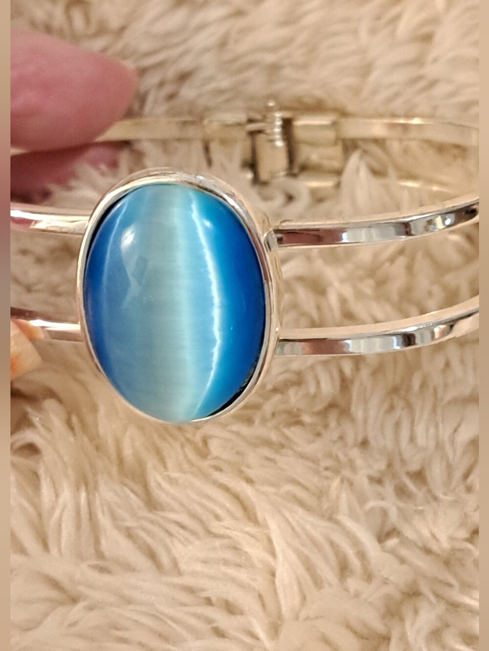 Blue Cat's Eye Silver-Tone Cuff Bracelet